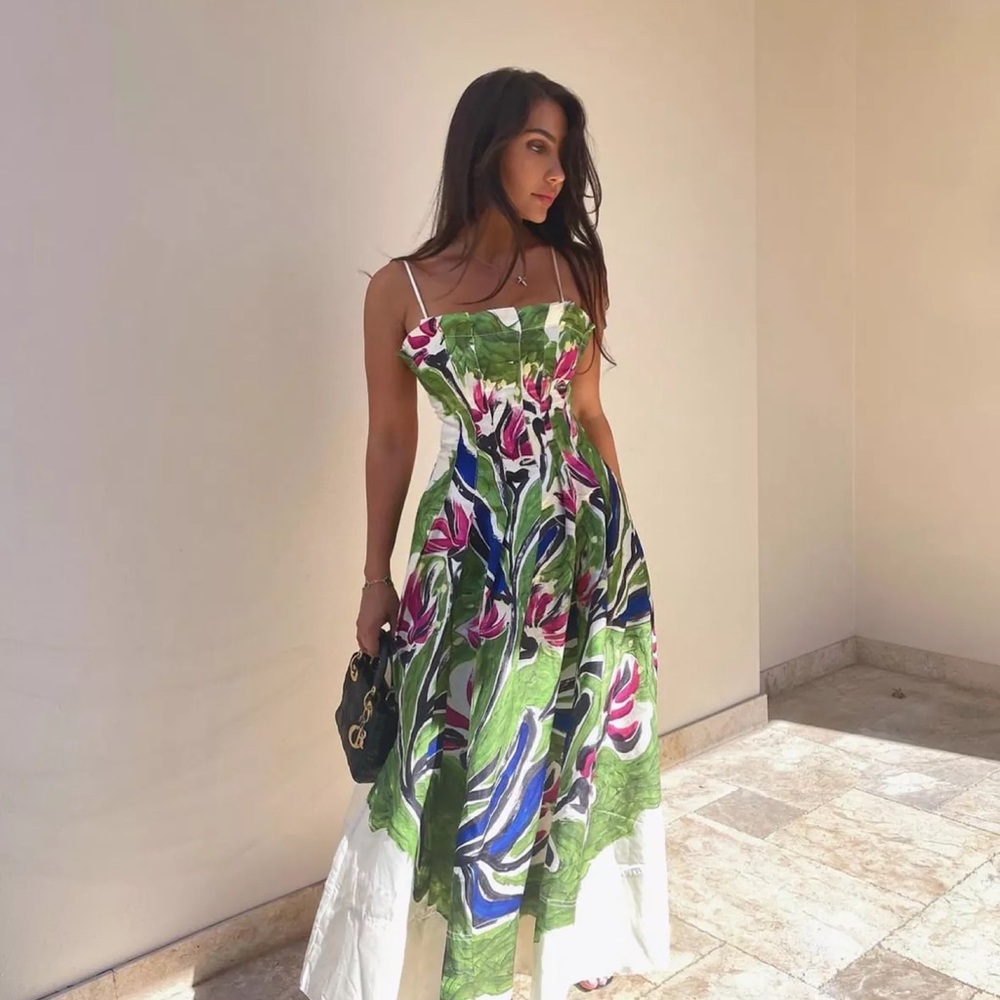 Aje Paradiso Cinched Floral Linen-Blend Midi Dress - Picture 9 of 10